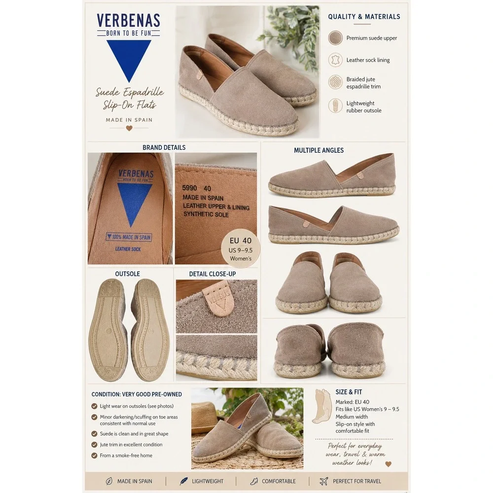Verbenas Carmen Women's EU 40 Taupe Suede Espadrille Flats Mediterranean